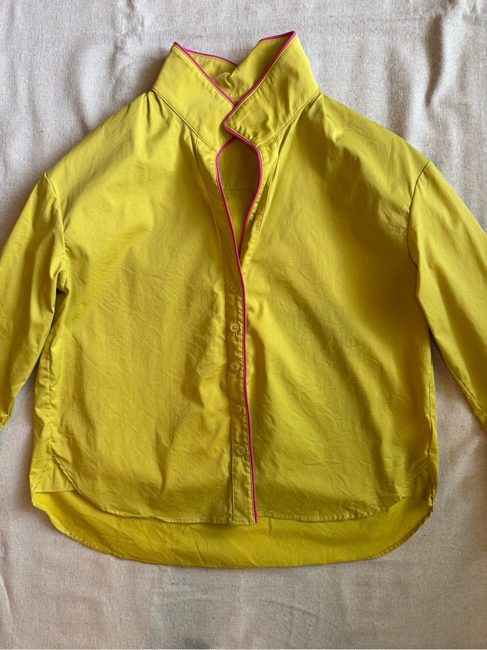 Heidi Houston Chartreuse Button-Up Blouse with Pink Piping